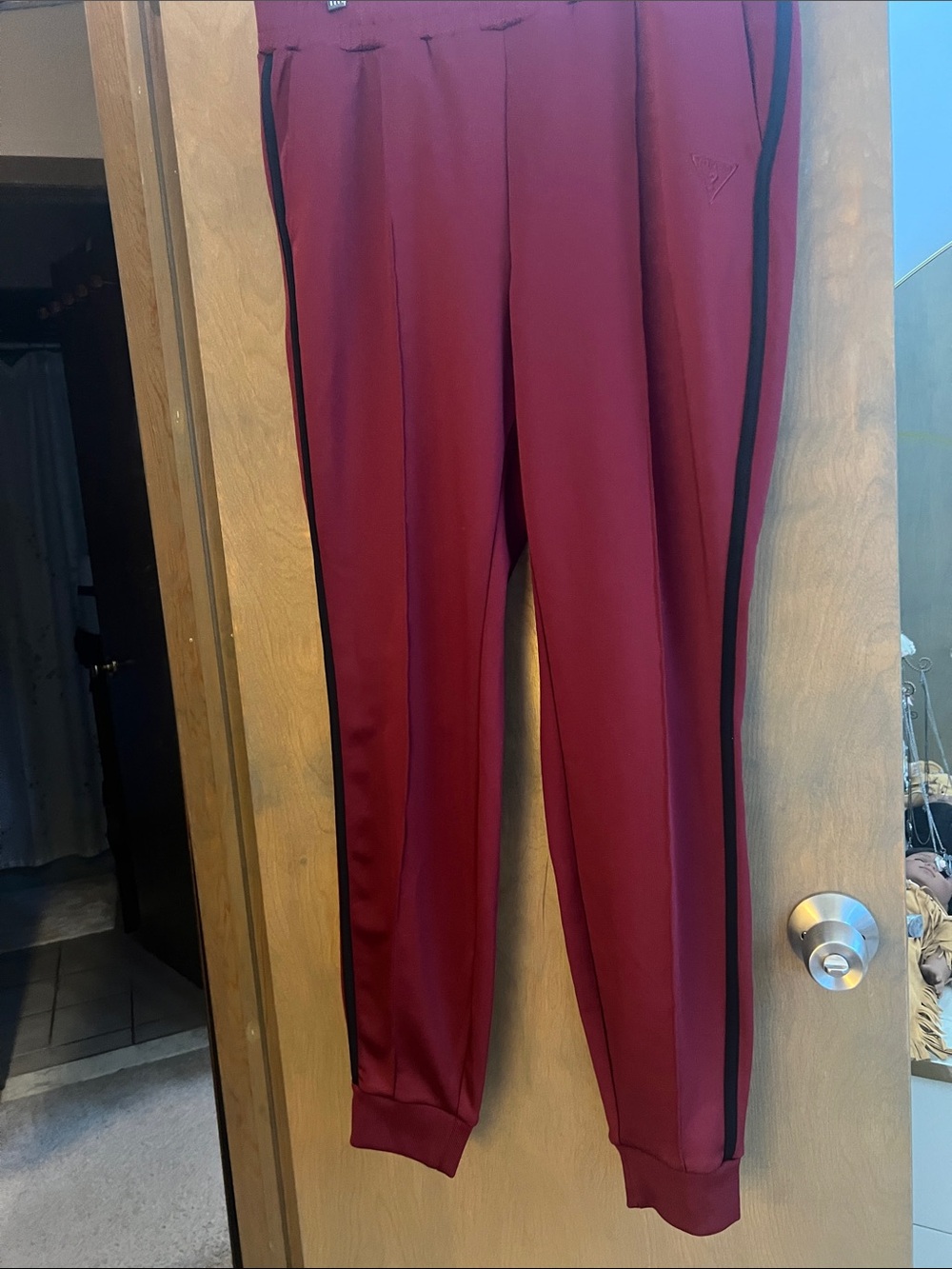 Guess Women's Burgundy Track Pants with Black Side Stripes